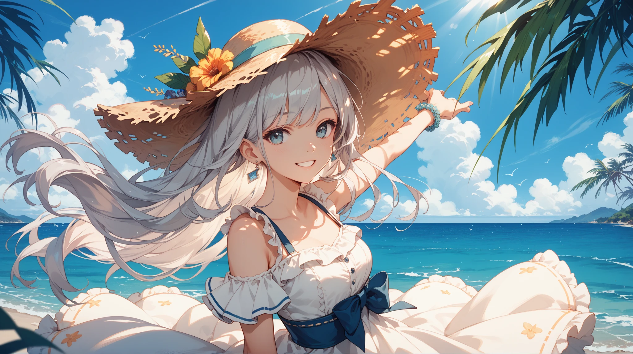 One girl, long tied brunette hair, smile, blue eyes, Wink, View your viewers, Wearing a bikini, flower straw hat, (Beach), (sunset), evening, masterpiece, 8K, Perfect lighting, The perfect outfit, Perfect Anatomy, Perfect Eyes, Perfect Face, Sharp resolution, (Face close-up)