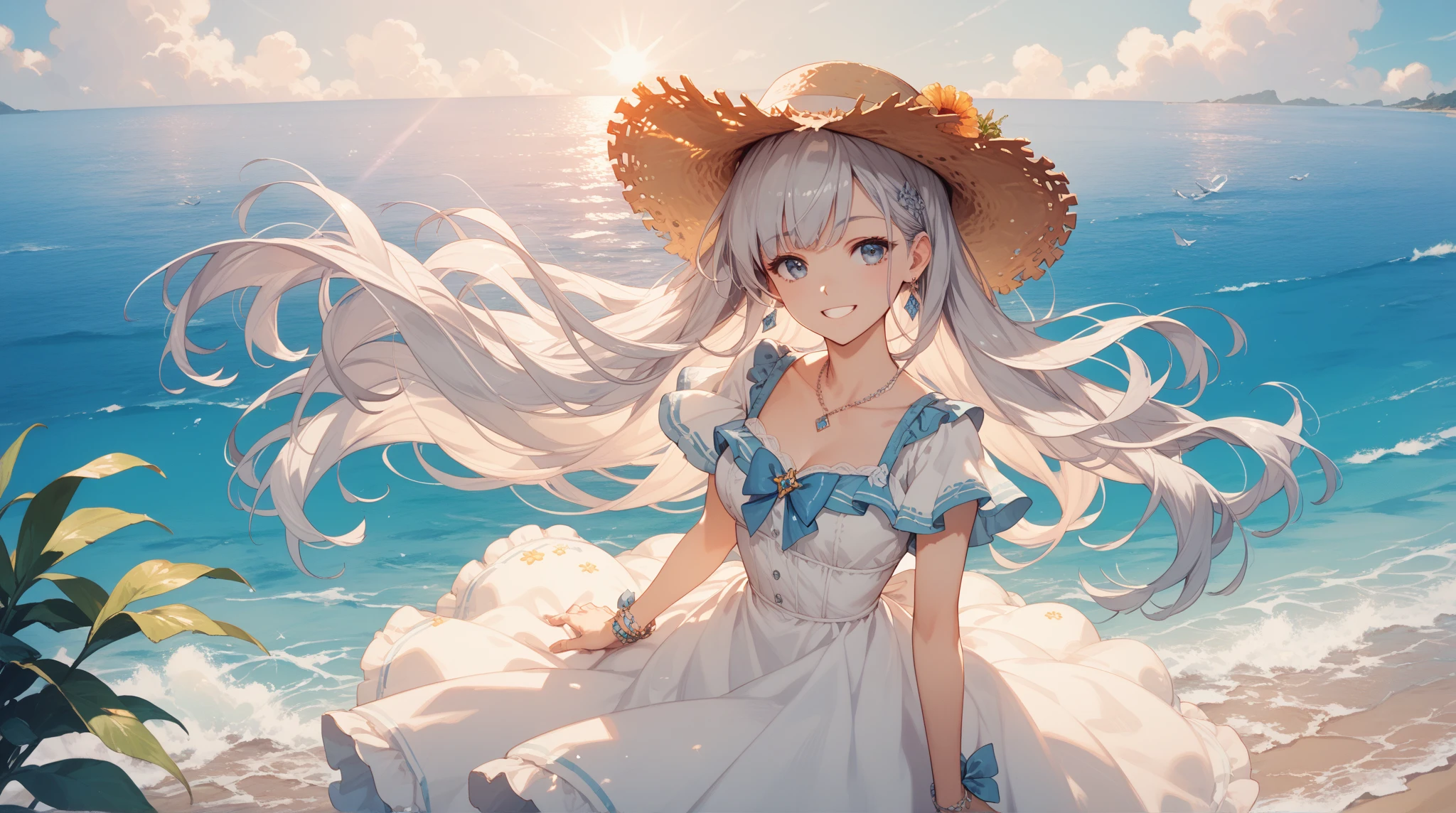 1 girl, masterpiece, Extremely detailed, (Beautiful and detailed light), lens flare, white hair, short hair, flowing hair, Look back, back to back, Smile, blue eyes, White dress, Medium breasts, Upper Body, Wide-angle lens, straw hat, ((Salar de Uyuni)), sunrise, cloud, Backlight, Purple sky, yellow sky, Gradient sky, Hand on hat