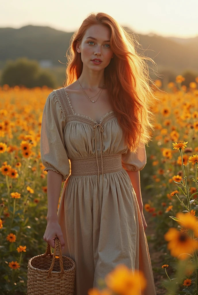 Luma is a devraved person, she is beautiful And have a strong posture, she has breasts that have a voluminous proportion, a pear feminine silhouette, Auburn hair, long Auburn hair, She has expressive eyes, ( Only eyes olive green) Her skin is fair and she has some light freckles on her cheek bones, busty, Farm, Brown rustic clothes, boho clothes, farm boho fashion clothes, romantic vibes, fire lights, fire sparkles, flowers clothes the hair to be half straight and half with curled ends cartoon