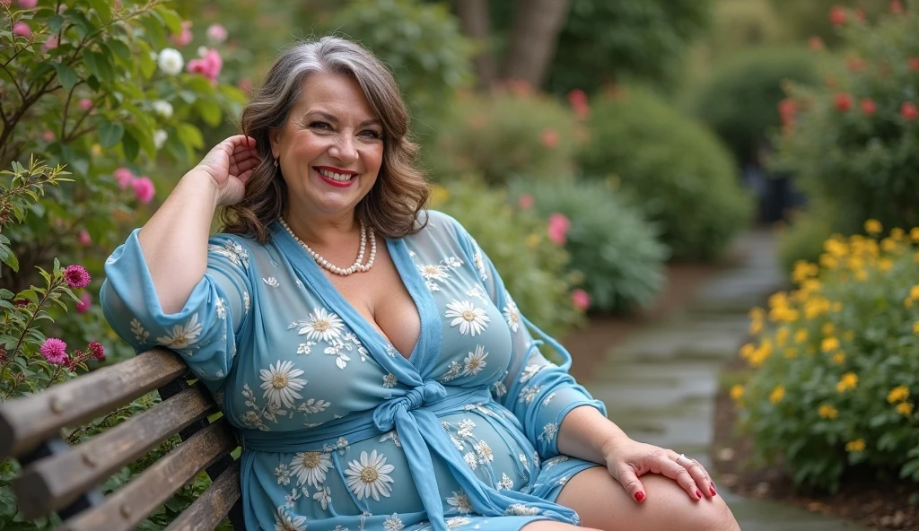 Realistic portrait of a busty woman, 60 years old, wearing a pastel dresses elegant motif. She should have a natural appearance, curvaceous forms, blue eyes, gray hair, smile, Shoot this image in high resolution with a 35mm lens to get a good perspective. Sitting on the chair, Desert views
