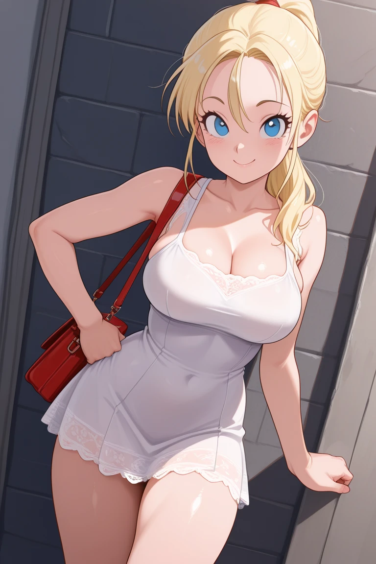 blonde ponytail, hiding, cleavage, nightgown, shorts, (pull, close shot), standing, thick legs, bare shoulders, 18 year old girl