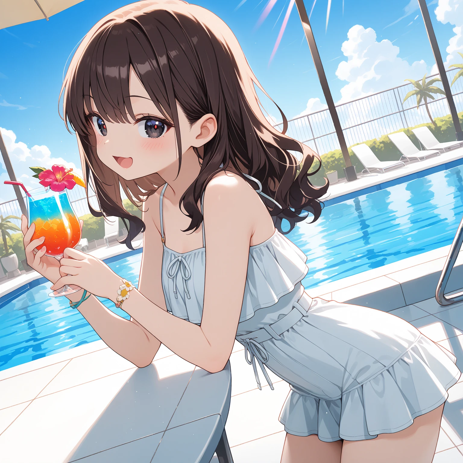 masterpiece、highest quality、High resolution、Very detailed、Close-up、Medium wide shot、Mature Woman、Swimwear、Sandy Beach、Ocean、Beach parasol、table、Shade、smile、Restaurant、