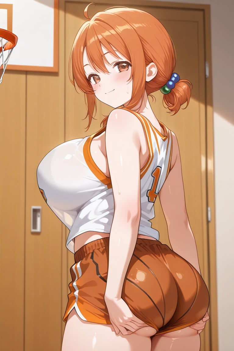 1girl, breasts, shorts, long hair, orange hair, large breasts, looking at viewer, navel, holding, brown eyes, orange shorts, basketball, indoors, ponytail, short shorts, parted lips, abs, holding ball, midriff, crowd, toned, ball, sleeveless, sportswear, 6+boys, solo focus, thighs, shirt, cowboy shot, muscular, open mouth, basketball uniform, lips, bare shoulders, artist name, solo, standing, sleeveless shirt, watermark, clothes writing, crop top, sweat, (gigantic and massive tits:1.1), breasts, curvy milf, 1:2), closeup, titsnipples, sexy face, sexy lips