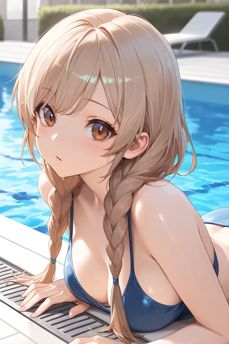 nsfw,2girls,lineup,duo,(topless:1.3),(nipples),sidelong locks,upper body,pov,face,light White hair,(light brown hair),breasts,lblue eyes,medium breasts,Impossible swimsuit,tight skin,shiny skin,masterpiece, best quality, very aesthetic, absurdres,front view,looking at viewer,pool, breasts_on_poolside,left