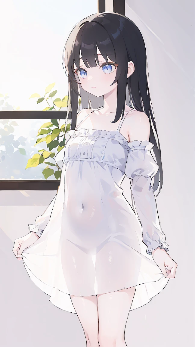 (masterpiece), Highest quality, One girl, 8-year-old, Cute  girl, Flat Chest, Black Hair, Very long hair, View your viewers, 
She wears a dress, White Dress, Sundress, Summer Dresses, See-through lace dress, micro short dress, micro mini dress, clothes without collar, She doesn't wear underwear, Not wearing a bra, Not wearing panties, Nipples sticking out of dress, (Erect nipples proclaiming their presence beneath the fabric), The material of her clothes is very thin、The body is clearly visible, Exposing shoulders, The clavicle is visible, Not wearing a jacket, She is wearing a sleeveless dress, Her dress is so small that her crotch is visible., The hem of the clothes is above the crotch、I can see your pussy, (Share:1.5), The length of the dress only reaches down to the waist, She has no pubic hair, 
She stands with her legs spread, Open your knees, Very shy, Wearing a straw hat, 
Behind the building, Leaning against a wall, There is a passerby behind her, blush, alley, 