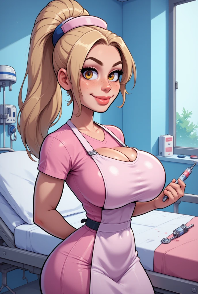 Score_9, score_8_up, score_7_up, score_6_up, score_5_up, score_4_up, source_anime, cute girl, detailed eye, therapist clothing, ponytail, sagging gigantic huge biggest breasts, huge dark areolae, areola slip, dark nipple, hairy stomach hair, hairy armpit hair, Japanese, cute Japanese, midriff-baring, sweating, heart mark words, in hospital room, aroma oil, hentai atmosphere, wide hip, tanned skin, cum shot, blushing smile, handjob, penis, hands down, gyaru, looking away,