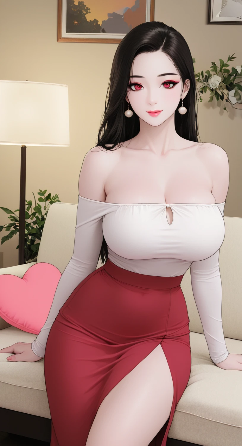 1girl,solo,long hair,smile,black hair,dress,jewelry,closed mouth,closed eyes,upper body,earrings,necklace,mole,blurry,eyelashes,mole under eye,makeup,red dress,lipstick,realistic,red lips