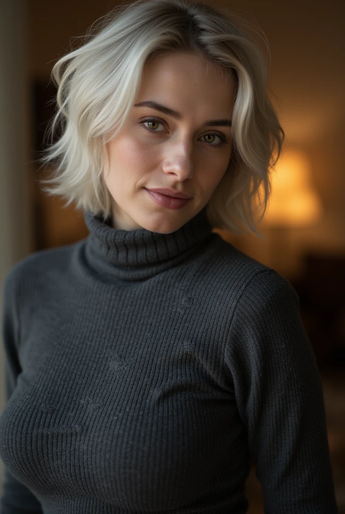 solo, 1girl, young, blond hair, short hair, messy hair, blue eyes, eyeliner, light smile, golden earrings, black turtleneck, blue jeans, half-body