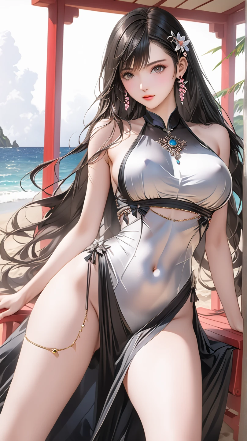 Beach,Black Hair,Straight hair,Black Dress,Nipples,,Super high quality,masterpiece,super high quality,Ultra-high resolution,Best image quality,Top class,最high quality,Highest Resolution,high quality,beautiful,beautiful,high quality,Genuineな質感,Genuine,8k,Detailed,Two-dimensional beautiful girl、Big Breasts、Slim figure