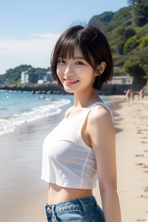 Clothed, (Photorealistic: 1.4), (Ultra-realistic: 1.4), (Realistic: 1.3), (Smoother lighting: 1.05), (Improved cinematic lighting quality: 0.9), 32K, 1 girl, 20 year old girl, Realistic lighting, Backlight, Light on face, Ray tracing, (Bright light: 1.2), (Improved quality: 1.4), (Best quality realistic textured skin: 1.4), Detailed eyes, Detailed face, Detailed eyes, (Tired, Sleepy, Satisfied: 0.0), Close up of face, Big breasts, T-shirt, (Focus on body line mood: 1.1), (Focus on skin texture beauty: 1.1) Short hair, Black hair, Summer sea background, Bright smile, Light skin, White skin
