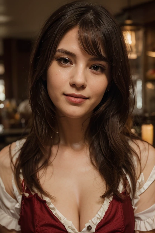 portrait, realism, 4k quality,young girl, 20 years old, colombian girl, hair woth bangs,dark hair, dinner,red dress
