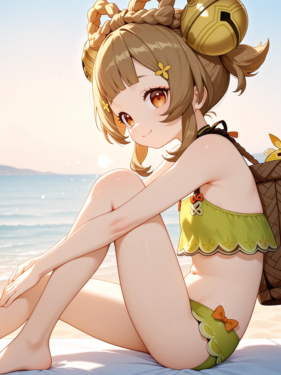 (NSFW:1.3), (realistic, photo realistic:1.2), ((highest quality)), move the center of gravity backwards, pretty embarrassing, copano rickey \(umamusume\), Red eyes, barefoot, Yellow bikini, (Red frill:1.2), horse tail, Sit on the beach, spread legs, knees up, beautiful face details, real human skin, gentle expression, realistic, photorealistic, cute, whole body, Smile, natural smile, charming smile, enchanting smile, From front, from below, (wind:1.1)