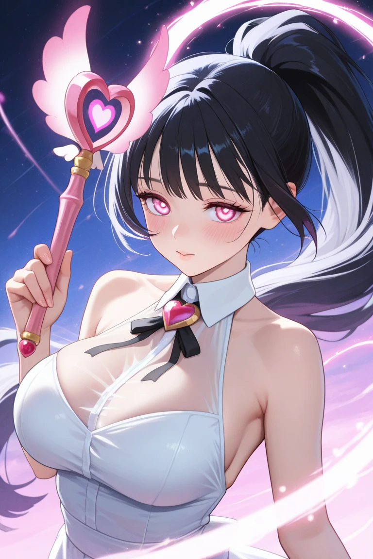 (junkotvv), Sailor Moon, 1 girl, black hair, long hair, red eyes, detailed eyes, cat ears, simple background, female focus, alone, standing, Usagi Tsukino, portrait, full body, (Masterpiece:1.0), (best quality:1.0), (wallpaper 8k:1.0), (beautiful face detailed:1.0), (deep detailed eyes), deep eyes, looking at viewer, red bow on chest, pink bra, white gloves, big breasts, bare abdomen, pink panties ,