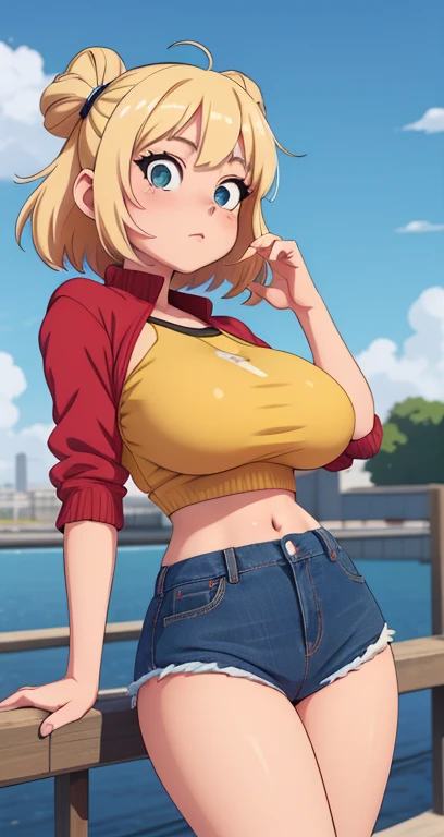 masterpiece, best quality,crop top,denim short shorts, thighhighs,(blonde hair:1.3),(bianca:1.5),red glasses,gigantic breasts,short hair,beach,from below,underboob
