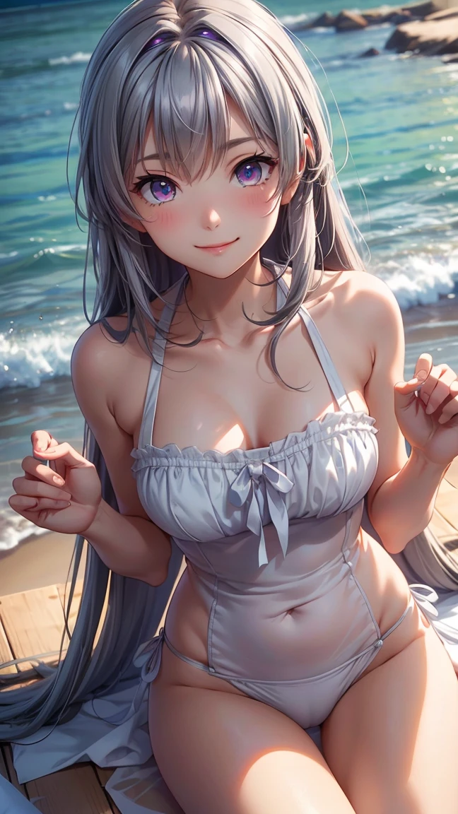 (((best quality))), (((masterpiece))), beautiful, (a girl), glad, (smiling), lying on back, looking at viewer, long hair, shiny hair, (silver hair), (blue eyes), pale skin, shiny skin, voluptuous, (beautiful breasts), (bikini), swimsuit, cardigan, earrings, necklace, cute face, nail polish, teenager, on the beach, in the afternoon, sunlight, shining lights, bloom, colorful lighting, dynamic lighting, white, hairband, hair ribbon