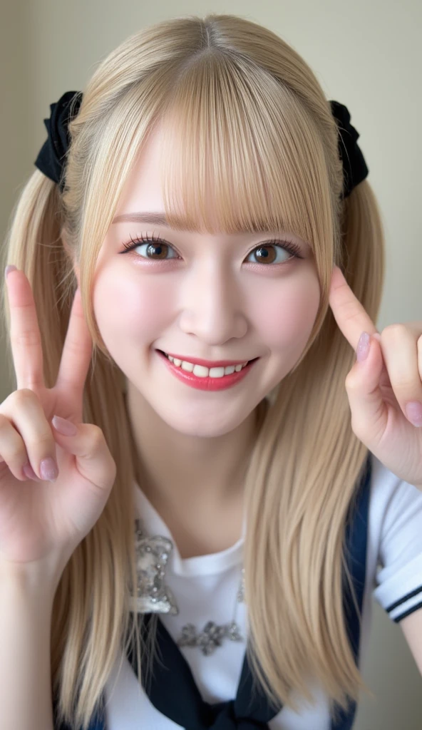 A cute Japanese woman with blonde hair and a bright smile, age 20. She is cheerful, friendly, and wearing modern casual clothing. The background is simple and light, emphasizing her features,best quality, hires,