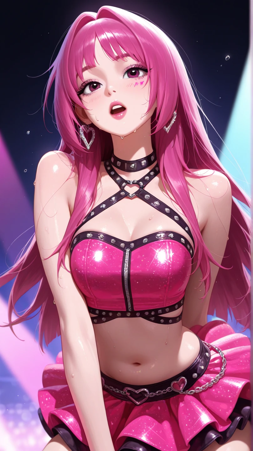 1girl, ballerina, ballet, pink ballet leotard, (masterpiece), best quality, (tights under leotard) highly detailed faces, graceful dancing (SHARP details), 4k, highly detailed, expressive eyes, SHARP detail expressive eyes, (SHARP detail perfect face), (cat ears), cat girl),maroon red hair,(shiny lipstick) (pink eyes), long hair, detailed face, large breasts, long eyelashes, mature, (smirk, closed lips, big plump lips, eyeshadow) shiny skin, beautiful eyes,(detailed eyes, sharp eyes, clear pupils:0.8), blunt bangs, wispy bangs, naughty look, pink sparkles, butt, thighs, stage background, dark simple stage, cleavage (hair in bun) messy bun, cute hair
