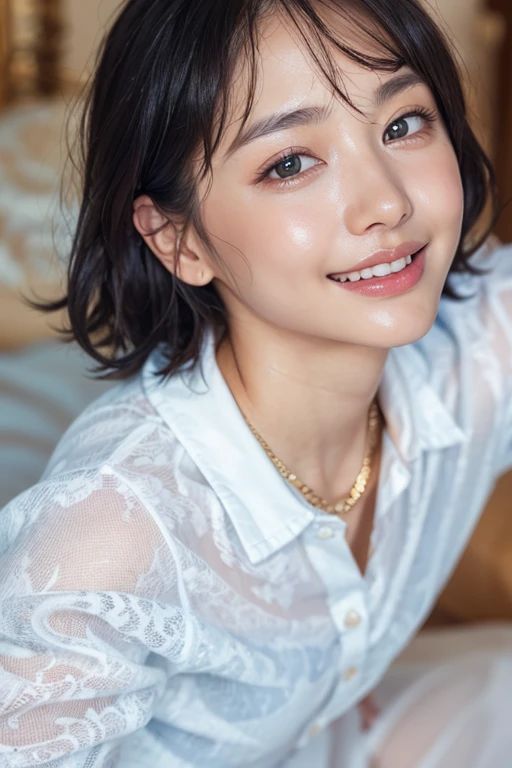 Highest quality, 8k, , RAW Photos, Professional photography、director:Shane McMellen, Soft Light, Professional Lighting, smile, , cute, Captivating beauty, Big Breasts、Upper Body, Digital single-lens reflex camera, Sophisticated, Film Grain,short hair、necklace、Off the shoulder