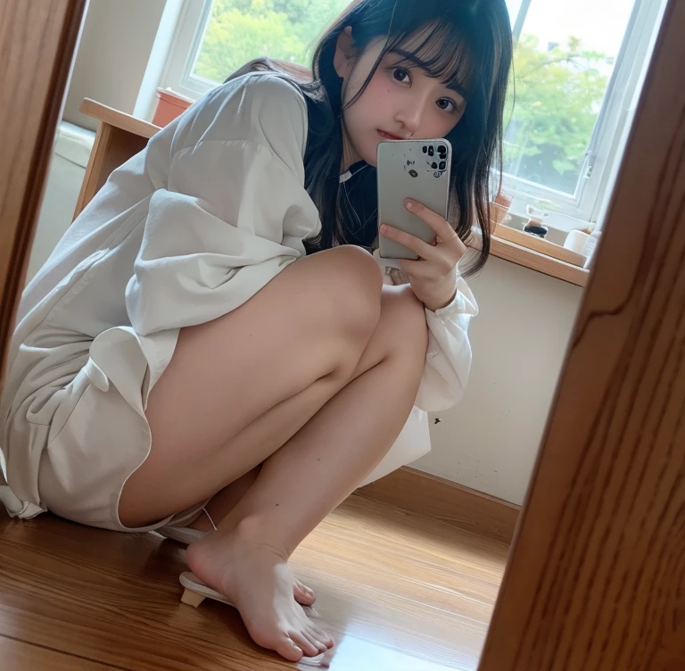 Little girl on top,Looking down,from below,White light panties,Flat sandals,sitting on the classroom desk,Crotch view,Mocking expressions,Smiling,White light bandeau,Large angle upward view,Sky background or ceiling background
