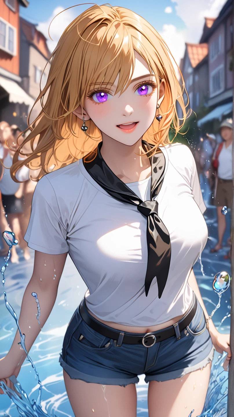 1girll, Open breasts, Large breasts,Raised his hand,独奏,soggy, Wet sheer shirt,pantiess ,wading, Eau, moon full, Sateen,brunette color hair,standing on your feet, wetclothes, By bangs, Reflectors, short detailed hair, Wet hair (((tmasterpiece),(Very detailed CG unity 8K wallpaper),best qualtiy,,独奏,1girll,cinmatic lighting,beatiful detailed eyes,Bright pupils,(Very fine and beautiful),(Beautiful and detailed eye description),ultra - detailed,tmasterpiece,)),Mikasa,Chest facing forward,face to the viewer,