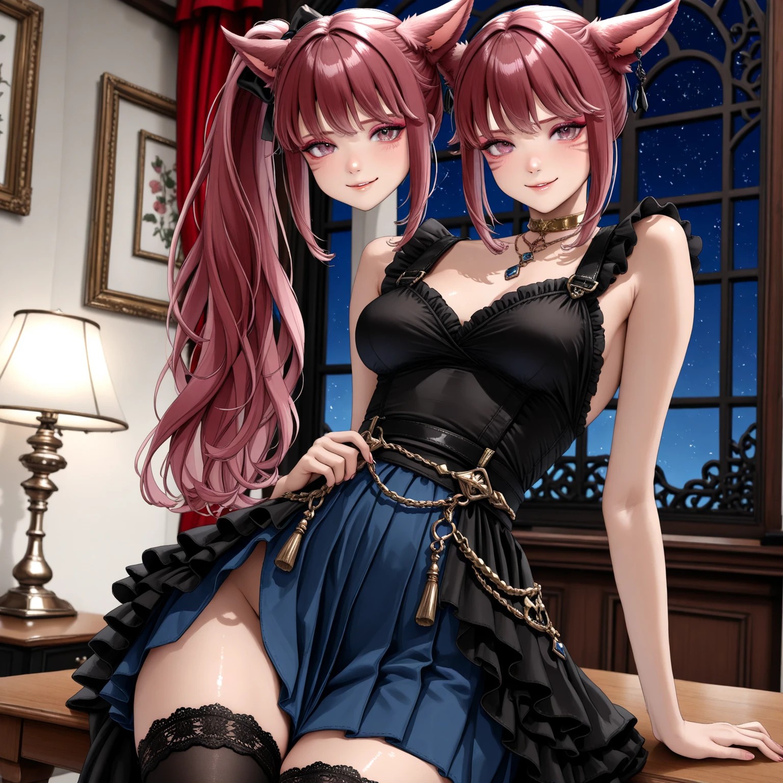 Red hair, red pupils, loli, gothic dress, smoky makeup, elf ears, tiger teeth, magician, black cat