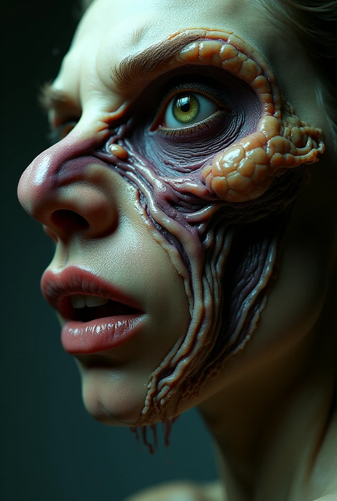 Make this photo look like a snake with half a face and a person with half a face