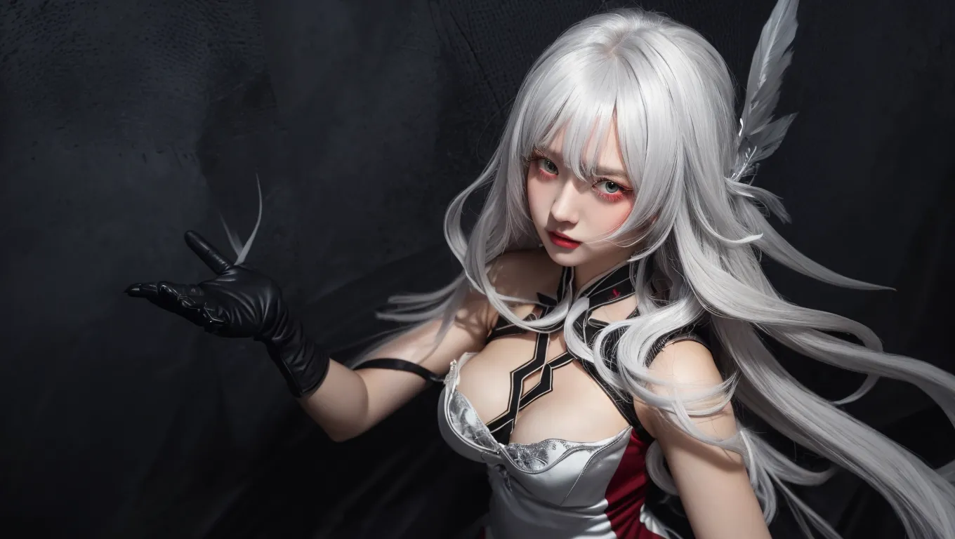 One girl, (alone), Anime girl with long white hair and red eyes, White Hair Girl, girl in white turtleneck, ((Eye patch)), Pointy Ears, ((vampire)), Grin, Conceit, Mouth closed, Cowboy Shot, Perfect white hair girl, White-haired God, Digital Cyberpunk Anime Art, turtleneck, Lens flare, ((Dramatic lighting)), Soft glowing red eyes, Very detailed, masterpiece, View your viewers, Background city, (night), Big Breasts, Large Breasts, Completely naked, 