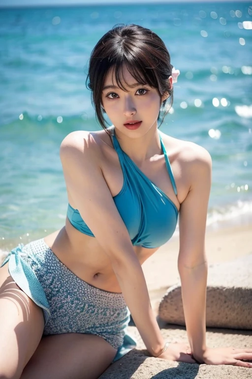 ((Best quality, 8k, Masterpiece: 1.3)), Contour: 1.2, Perfect body beauty: 1.4, Butt: 1.2, ((Layered haircut, Round chest: 1.5, cleavage exposed) ), (sunny, beach: 1.3), green bikini: 1.1, Highly detailed face and skin texture, Beautiful eyes, Double eyelids, White skin, Long hair, (Silent: 1.3), Full close ,Ultra HD,8K, on all four, suggestive smirk, from behind, round butt