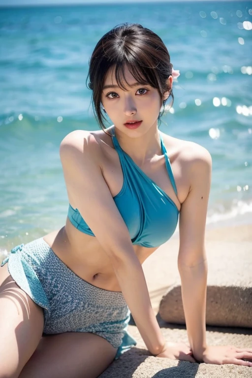 (Highest quality, masterpiece:1.3), ((Beautifully detailed face)), beautifully detailed skin, Intricate details, Very detailed, Best image quality in 8K,(18 year old high school girl:Swimwear,Sunburn,Tan Skin,sexy:2.0,Undressing),A Japanese girl,Baby Face,(Detailed Hair,Bobcut:1.4),Detailed lips,Open your mouth,Beautiful and detailed feet,blush,Embarrassing,Realistic Face,Realistic Skin,(Vibrant Skin,Wet Skin,Wet Hair),Vivid lips,Lip gloss,(Ocean),Composition from behind,The line of sight is facing this,(Sticking out her butt)