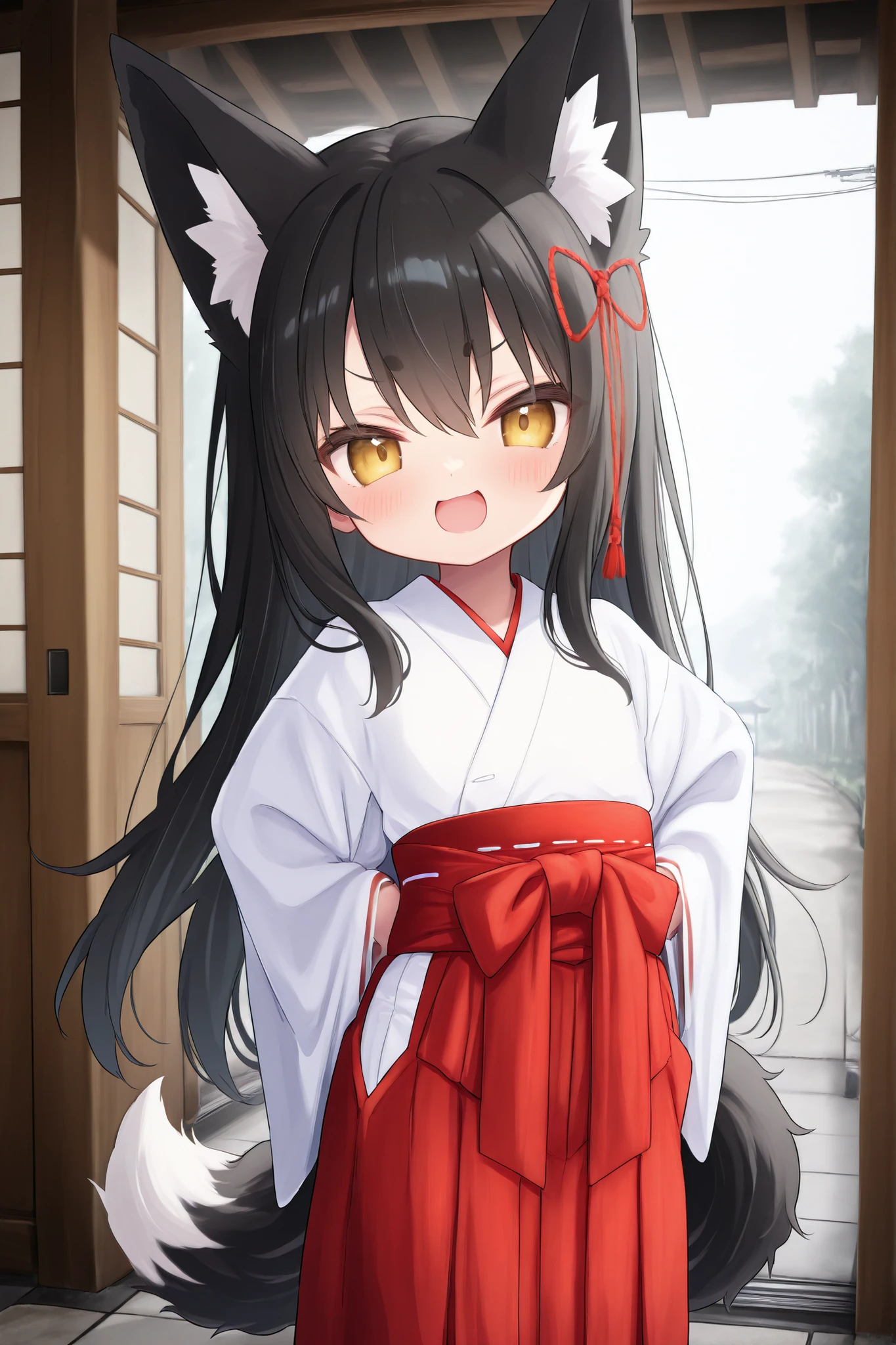 miko,Little girl with fox ears、(dark haired、female brat) 、((cute、provocative smile))、Shibuya Scenery、Anime Style、High Definition、High Quality、1girl