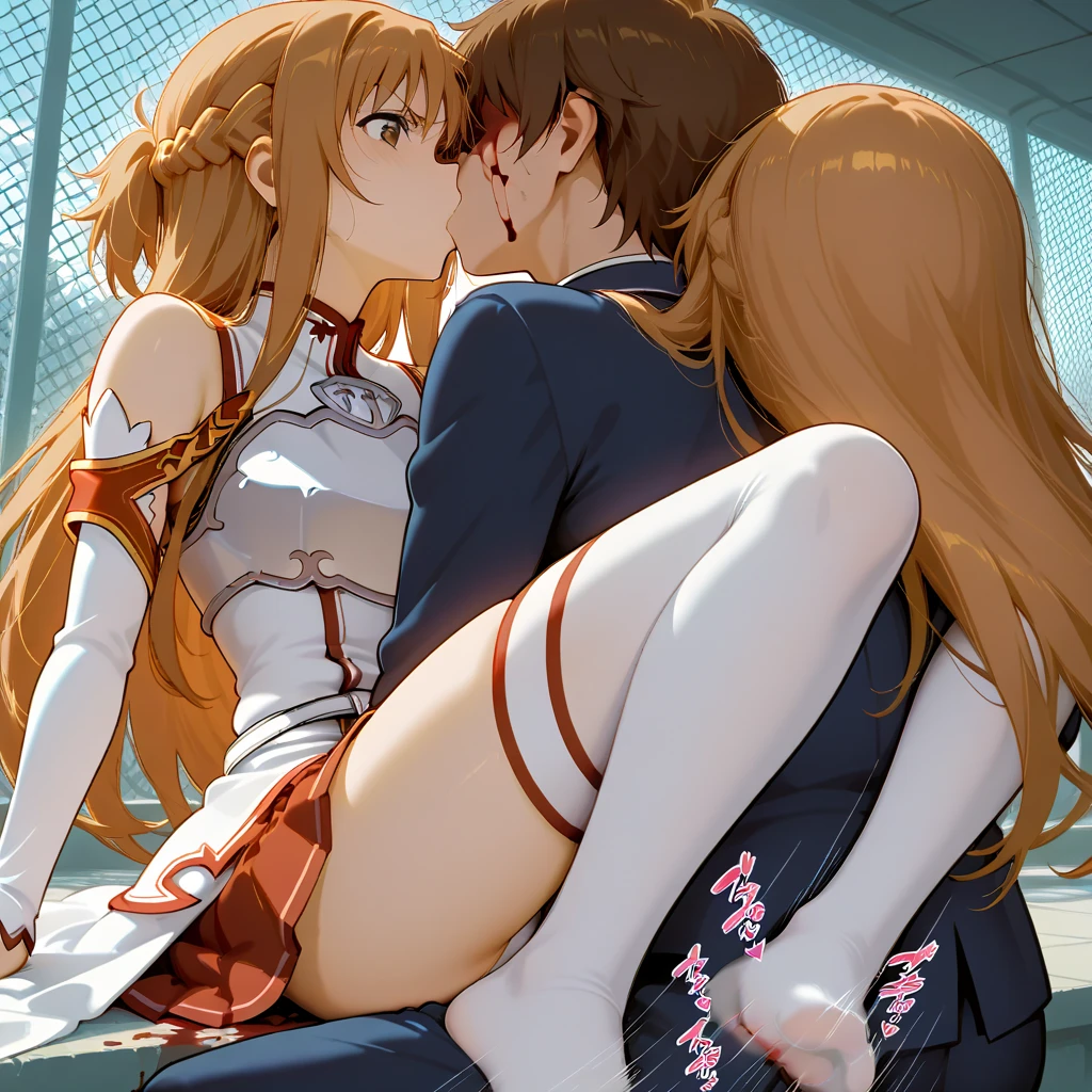 score_9, score_8_up,score_7_up, score_6_up,source_anime, BREAK uncensored, official art, official style,anime_screencap , anime coloring ,masterpiece,best quality,very aesthetic ,1girl, ISUZU SENTO, LONG HAIR, BROWN HAIR, BOW,BROWN EYES, PONYTAIL, HAIR INTAKES,ANTENNA HAIR, red collar with chain , nude, naked , very skinny, narrow waist, blushing, cutest girl in the world , rating_explicit, perfect anatomy, anatomically correct hands:1.3, BREAK source_anime,(ultra HD quality details) , blue brick wall, dark room, dungeon , tears, cry , blush, ecstasy , orgasm , vaginal,sex , satisfying, spooning, spread legs, open legs , lying on side, French kiss ,drool ,1boy,(((Muscular man))) , (((Size difference))) , riding cock, huge cock, muscular cock, wide cock, fat cock , used tissue , used condom,