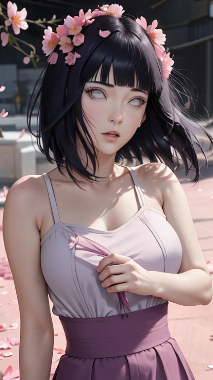masterpiece, absurdres, hinata\(boruto\), 1girl, solo,mature female, apron , looking at viewer, (falling petals), perfect composition, detailed lips, big , beautiful face, body propotion, blush, (pink lips), long hair,  purple eyes,  soft gaze,  super realistic, detailed, photoshoot, realistic face and body,