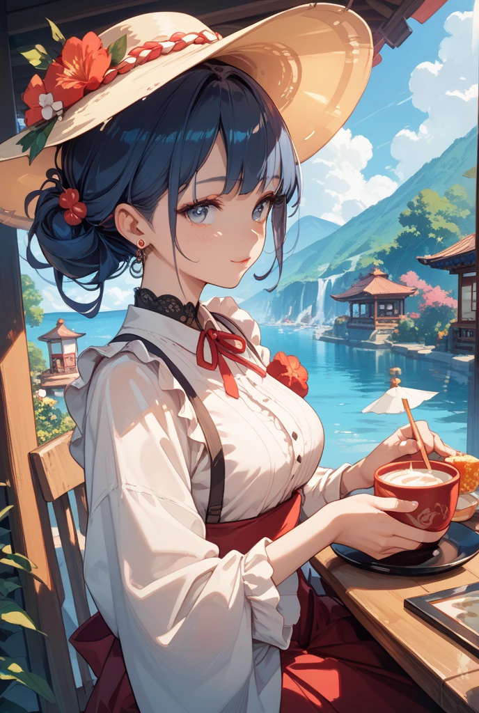 Chinese big breasts，coffeehouse，coffee mug，1girll，Chinese dim sum，watercolor paiting，water ink，Single tone，The girl's back，ssee-through，Coffee utensils，on cheongsam，delicated，poster for，Film light and shadow，pictorial，Retro，Smile back，drinking a coffee，brunette color hair，