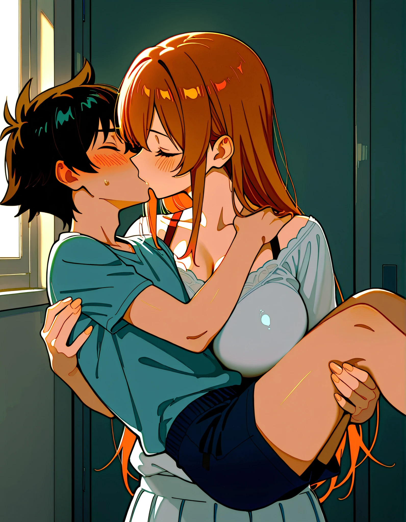 masterpiece, best quality, amazing quality, absurdres, source anime BREAK fd_prca, femdom, 1girl, carrying, princess carry, (female lifting male), 1boy, blush, size difference, height difference, assertive female, hetero, kiss