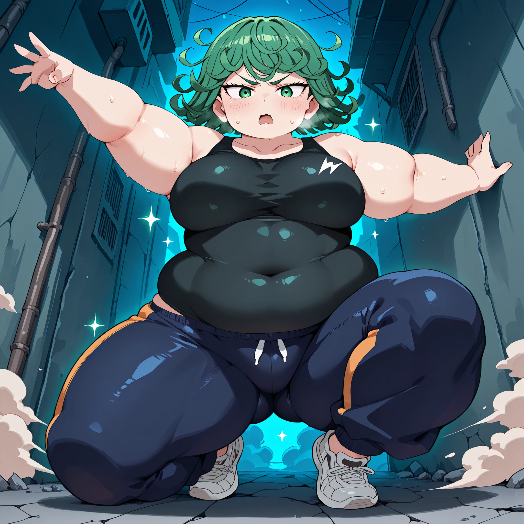 high resolution picture, masterpiece, best quality, amazing quality, solo, 1girl, Tatsumaki \(one punch man\), ,green hair, green eyes, , , medium breasts ,source anime,
BREAK (curvy), cracked floor, dust cloud superhero landing,, head down one arm outstretched, one arm up, , tank top, black shirt, sweatpants, dark blue sweatpants, u.a. gym pants, black tank topt, , alley, night, , , embarrassed fat, chubby, obese, gigantic arms and legs, large breasts open mouth, out of breath, sparkle, looking at viewer, from below,
