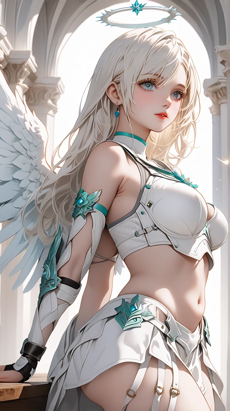 Angel woman swordsman, sexly, white wings, gold accents, pose movimento sexly