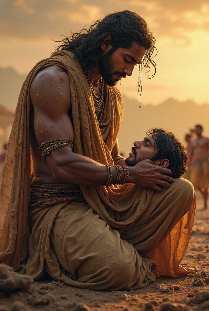 Illustrate a photorealistic, high-resolution image portraying the tender and passionate connection between two powerful, hairy Sikh bodybuilders. They are in a serene, dimly lit space, perhaps an intimate room with traditional Punjabi motifs and ambient candles. The larger setting remains soft-focused, allowing their interaction to take center stage. One bodybuilder, with a warm, trusting gaze, cradles the face of the other, while the second bodybuilder leans into the touch, eyes closed, feeling the moment. Their impressive physiques, adorned only in traditional, draped fabric, reveal not only their commitment to their sport but also the raw vulnerability of the moment. The scene captures the interplay of strength and sensitivity, masculinity and emotion. Use the Nikon D850 with an EE 70mm lens to capture this image, ensuring every detail, from their expressions to the fall of the fabric, is in hyper-detailed clarity.