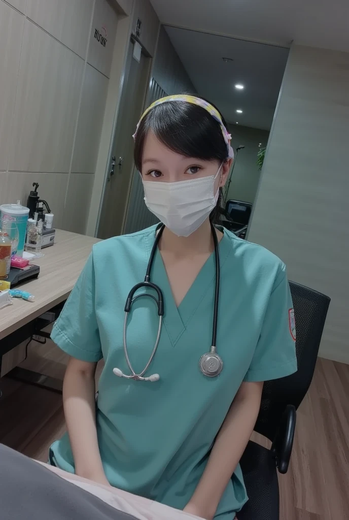 ((8K)), highest quality, 超High resolution, (Surreal)、(High resolution), 1 girl, nurse, Japanese, ((right blue nurse costume)), Overweight, Extremely fat, Chubby, ((Chuckle-Smile)), int the hospital room, hospital