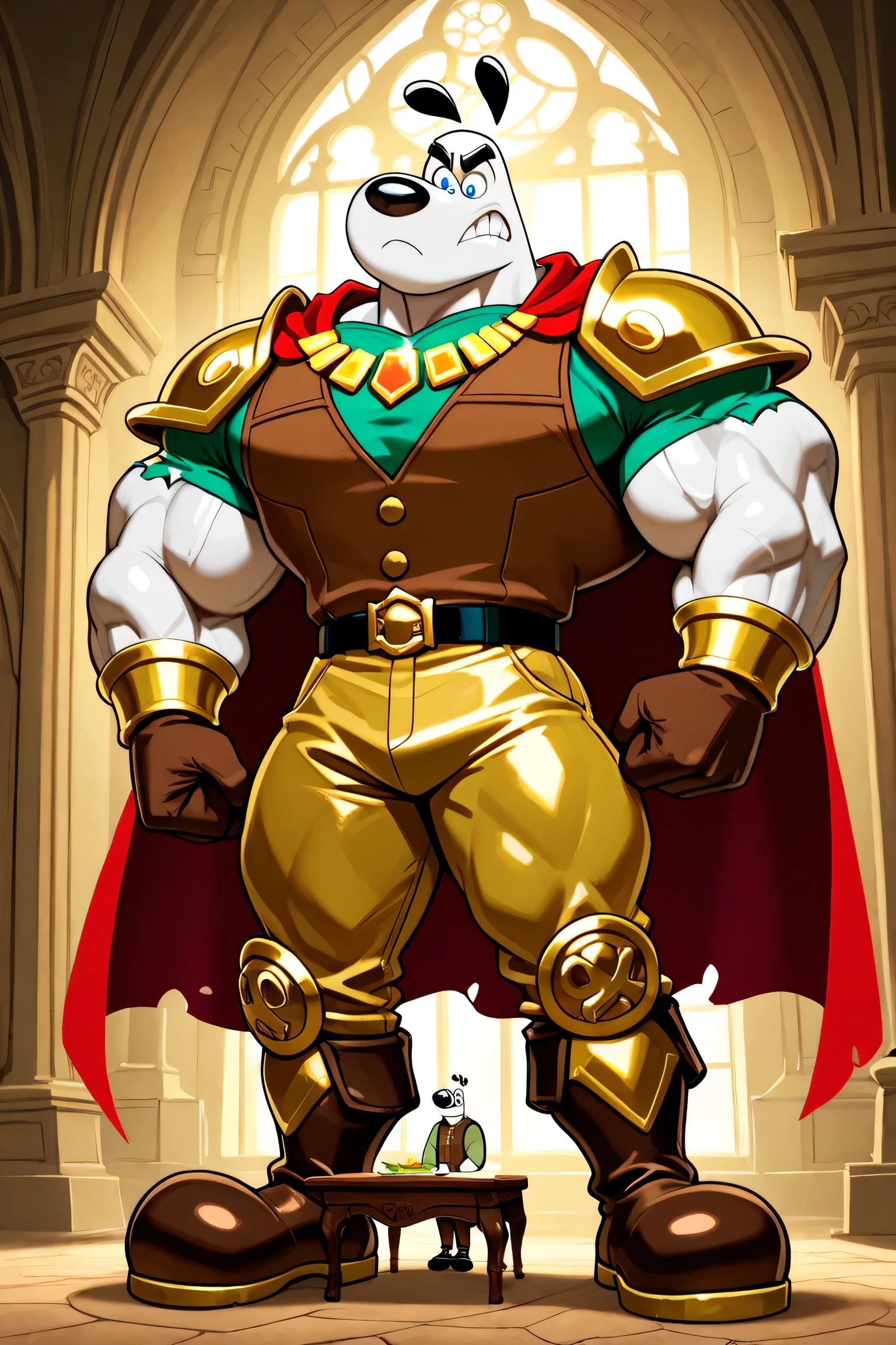 A Giant muscular dudley puppy (T.U.F.F Puppy), white dog, gigantic chin, cartoon 2d style, saturaded colors, giant size, macro size, full body, gigantic muscular body, giant castle background, Masterpiece, best quality, high quality, detailed, Dudley Puppy, male, solo male, 1boy, broad shoulders, mature male, blue eyes, athletic build, muscular male, black ears, black eyebrows, animal ears, white body, big eyebrows, angry expression, giant size, macro size, 50-foot size, a light green shirt with long sleeves, brown vest with bottoms, round snout, full body, ripped dark yellow pants, black and gold belt, golden necklaces with colorful jewels, bigger brown gloves, golden bracelets with colorful jewels, wearing a ripped very long dark red cape, bigger golden shoulder pads, golden armor, big feets, bigger brown wrestler boots, indoors, looking down, confused expression, serious expression, macro size, 50-foot size, giant size, 60 feet tall size, castle interion background, sitting on a castle, table with food and treasures, jack and the beanstalk scene.