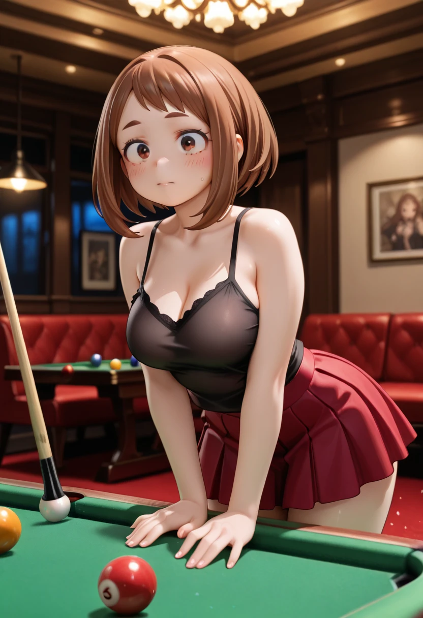 mastute piece,Best Quality,insanely detailed,8k cg,nsfw,
(shoot upper body:1.3),
(1girls:1.3),standing,looking at viewr,body in front,both arms behind back,(billiard-uniform:1.3),(bare breasts:1.4),(bare nipples:1.4),
break,
blush,shy,(??????? face),(trembling:1.2),break,(light brown hair:1.2),
break,
perfect breasts,perfect teats,(open mouth:0.9),(large breasts:1.2),
(billiard-hall)、