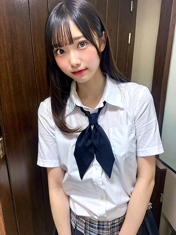 ((highest quality, masterpiece :1.3)), Photorealistic、Ultra-high resolution、Natural skin texture、Hyperrealism、Photograph from the knee up、15 year old Japanese beautiful girl、Twin tail hair、well-shaped breasts、White collared shirt and tie、mini skirt、Frightened expression