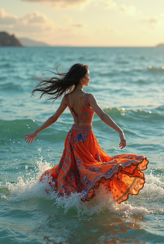 (masterpiece, top quality, best quality, photorealistic, official art, beautiful and aesthetic:1.2), A woman walking along the coast, looking out to blue sea, a very strong tailwind blowing strongly, long hair and clothes heavily disheveled, hair blows in the face, hair covers the face, colorful clothes, a beautiful front silhouette, HDR,bokeh,,fine art photography, front to viewer