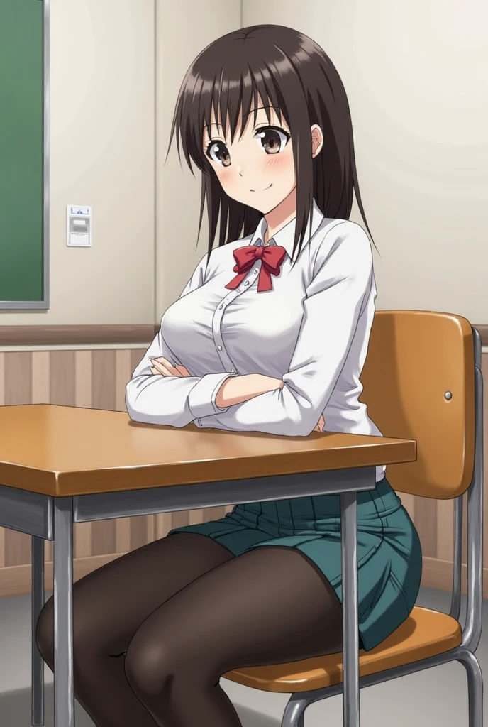 masterpiece, best quality, highres, 1girl kaori saeki,   but with exposed breasts, skin tight red skirt, black thigh high stockings, classroom, cowboy shot, horny, looking at viewer, focus solo 