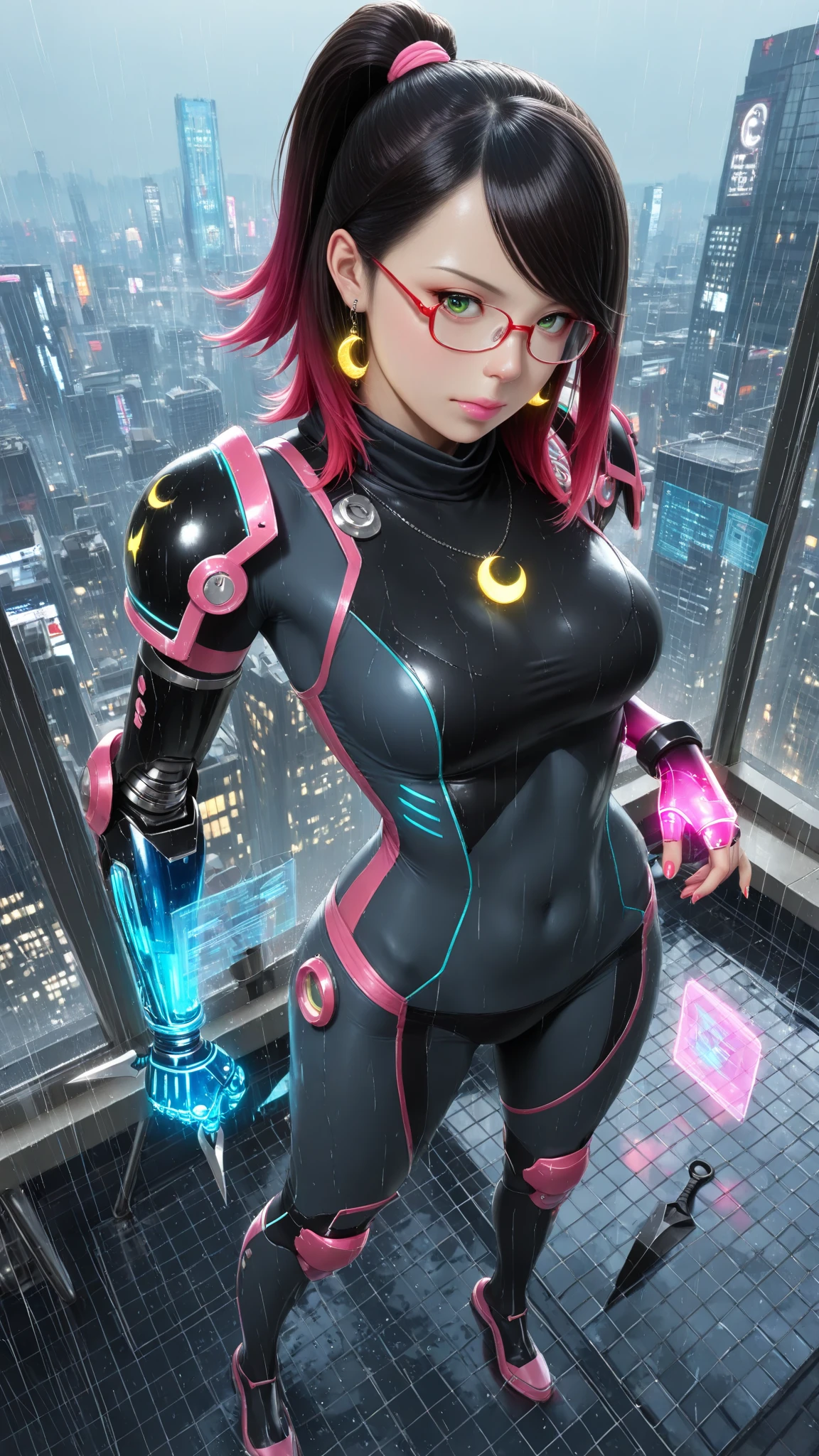 (best quality,4k,8k,highres,masterpiece:1.2),ultra-detailed,(realistic,photorealistic,photo-realistic:1.37),cyberpunk girl,Neon Kaleidoscopixie,girl with vibrant neon hair,vibrant glowing eyes,glowing neon tattoos on her body,high-tech cybernetic implants,shimmering holographic clothing,gritty urban cityscape background,bright neon lights and signs reflecting on wet pavement,pixelated digital rain falling,giant holographic animal companions following her,futuristic hoverboard under her feet,deep shadows and contrasting colors,retro-futuristic aesthetics,fluorescent lights creating a surreal atmosphere,visually stunning and immersive,neon-lit underground club scene,sharp focus on her captivating expression,iridescent butterfly wings sprouting from her back,energetic cyberpunk music playing in the background,cityscape illuminated by neon skyscrapers,artificial intelligence assistant floating by her side,transparent umbrellas shielding her from the rain,LED light trails following her movement,electric blue and hot pink color palette,evoking a sense of mystery and excitement,blinking neon signs advertising futuristic gadgets,enhanced reality glasses enhancing her vision,holographic art installations evolving in the city,wireframe buildings and floating platforms,interplay of light and shadow creating dramatic effects,mix of organic and mechanical elements depicting the blend of humanity and technology,embracing the spirit of rebellion and individuality,depicting a futuristic world filled with energy and technology advancements.