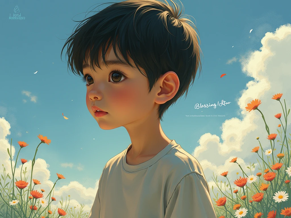 Nitabayama，evening breeze，A boy in a white shirt looks up at the sky。Half of the body is hidden in the grass