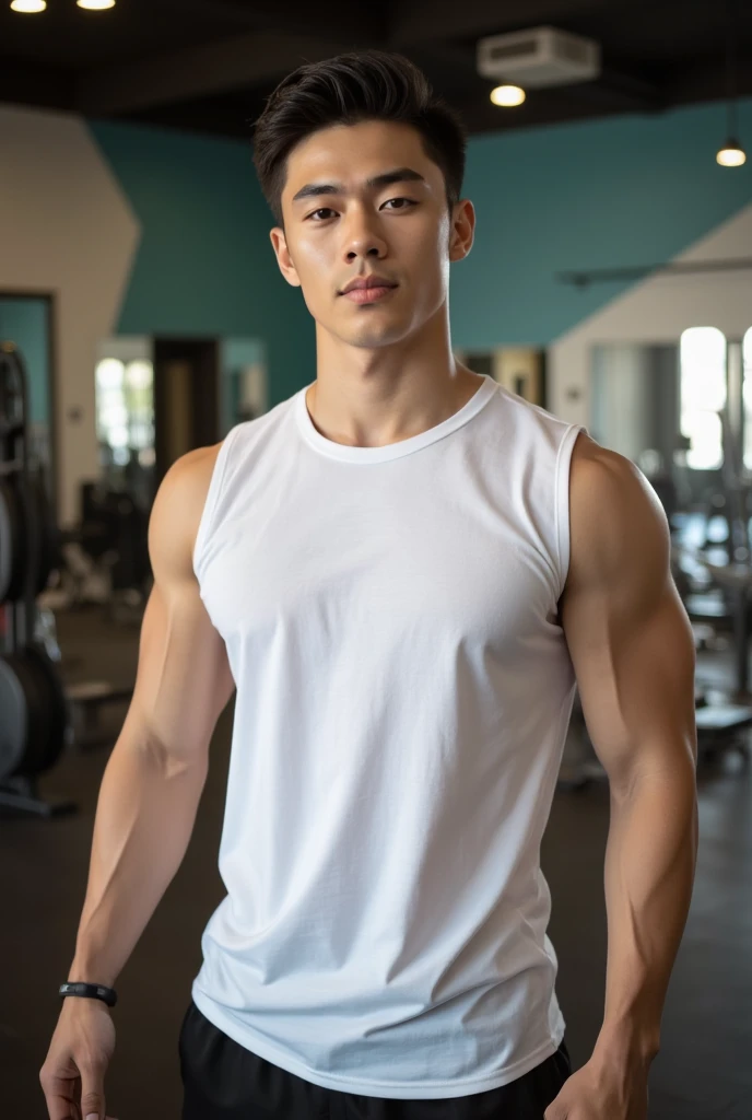 high resolution、Realistic handsome Japanese men、Training、Dressed in a tank top and training pants、short-haired hair
