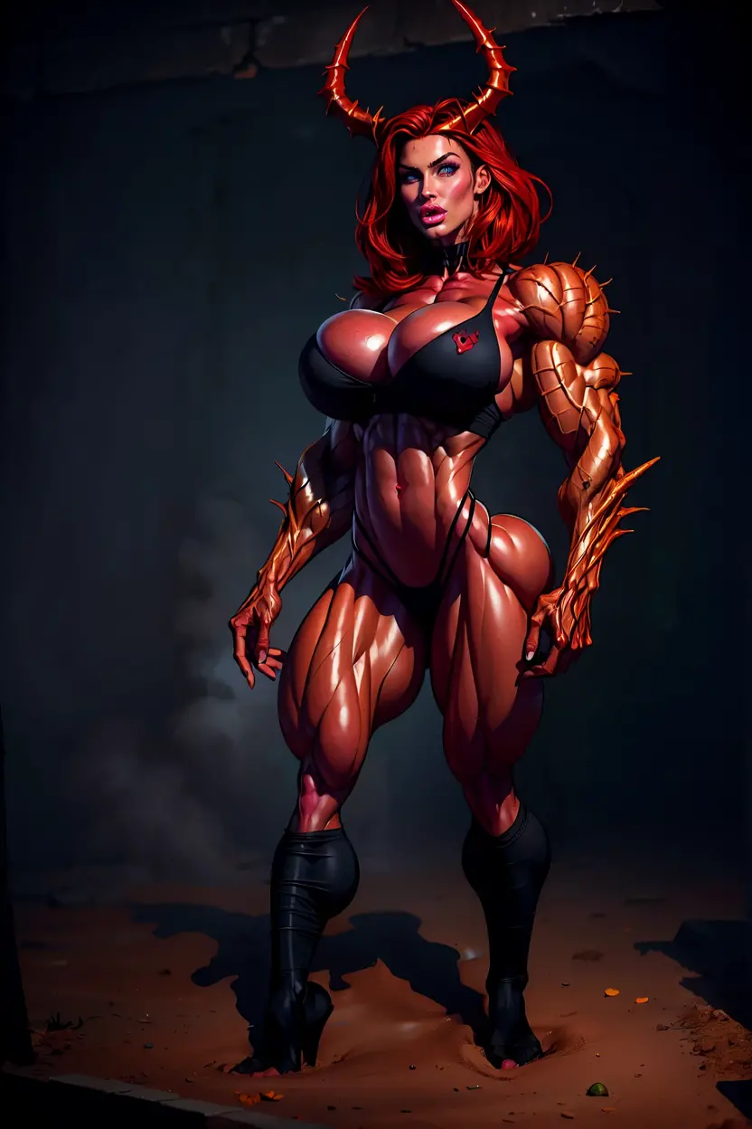 (1 girl), (megan fox), young girl, carnage muscular physique, seductive face, mouth wide open carnage style, long red hair, perfect muscular body, super skinny legs, cybernetic muscle suit, sissy, femboy, (carnage style physique),Fixhand, E-Girls_Mansion_Yang, kkw-colorc-neg, kkw-ph1