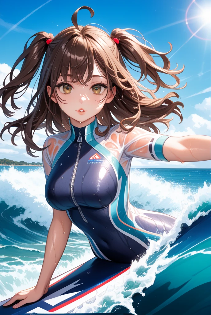 1 girl, (long hair, asymmetrical bangs, dark brown eyes), beautiful face details, beautiful eyes, long eyelashes, soft lips, smile,  (Reflecting the buttocks:1.7), city, (wet suits:1.7), open mouth, (See-through), (surfing, 
surf board:1.5), (black long hair:1.3), blush, surprised face, (turn around and look back:1.5), (wet with sweat:1.5)