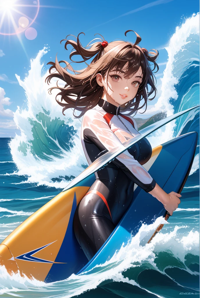 masterpiece, (textured skin), best quality, gorgeous beautiful girl, (a female surfing athlete), detailed clothes,large breasts,narrow waist,, (beautiful face), cinematic lighting, (at surfing venue),