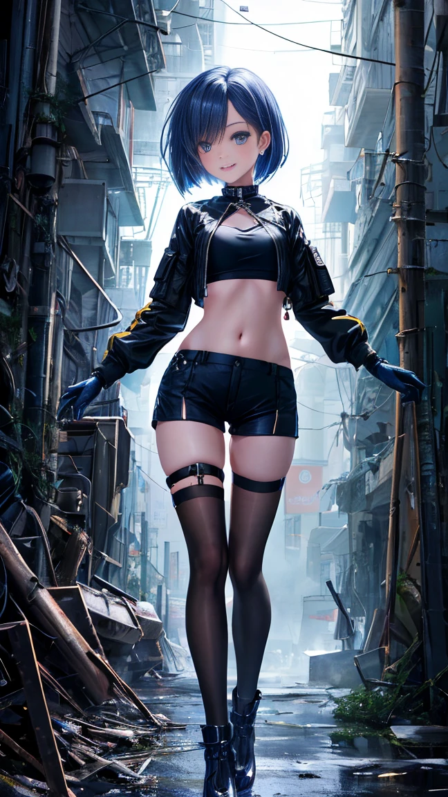 1girl, solo, long hair, breasts, looking at viewer, bangs, blue eyes, skirt, large breasts, thighhighs, long sleeves, navel, cleavage, hair between eyes, closed mouth, underwear, blue hair, standing, collarbone, panties, full body, ponytail, red hair, multicolored hair, boots, open clothes, shoes, choker, midriff, belt, black thighhighs, indoors, miniskirt, black skirt, stomach, black footwear, two-tone hair, streaked hair, coat, crop top, v-shaped eyebrows, thigh strap, ass visible through thighs, black choker, pantyshot, pencil skirt, black belt, open coat, black coat, taut clothes, tube top, with the word "Kali Linux" written on her outfit, servers and computers are visible in the background in a cyberpunk-style environment, featuring neon lights, futuristic buildings, and a high-tech urban atmosphere.
